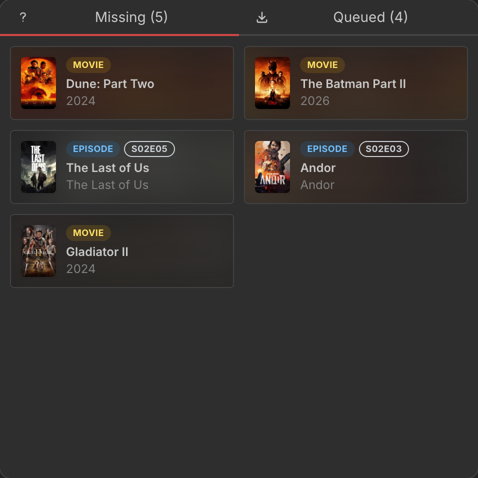 media-missing widget showing missing movies and episodes in a grid
