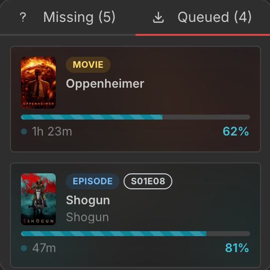 media-missing tab showing download queue with progress bars